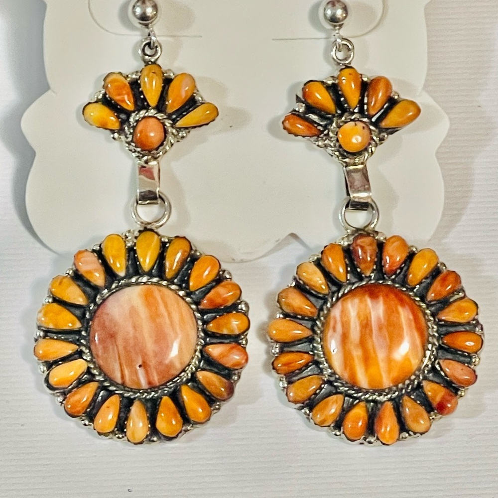 Native American Navajo Sterling
Orange Spiny Oyster Cluster Dangle
Earrings